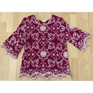 Solitaire Women's M Top Fuschia Boho Embroidered Scalloped Hem 3/4 Sleeve